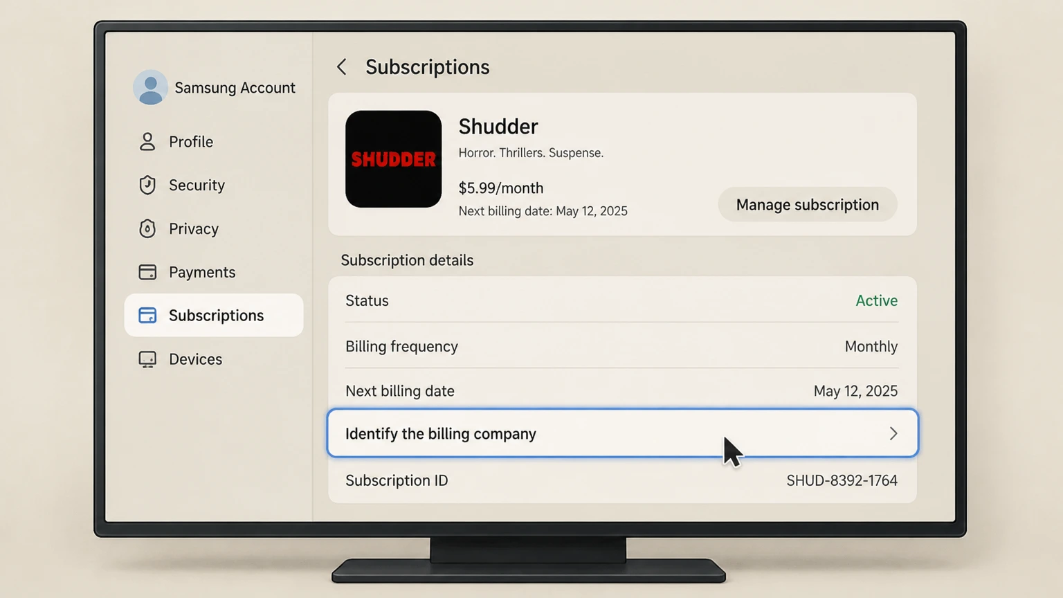 Shudder samsung-tv cancellation: Identify the billing company