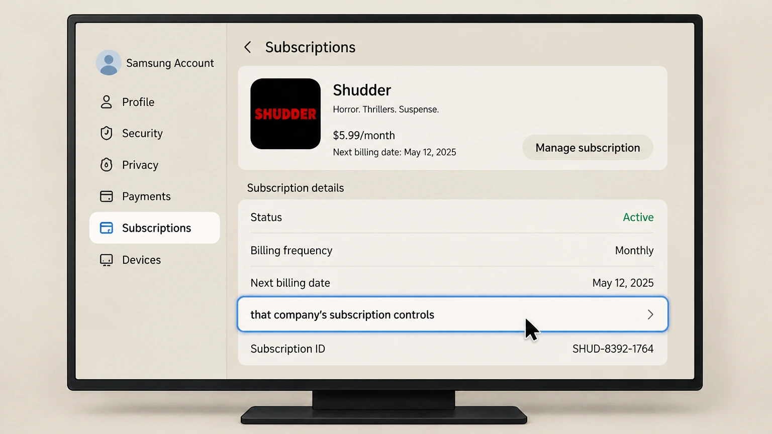 Shudder samsung-tv cancellation: Open that company’s subscription controls