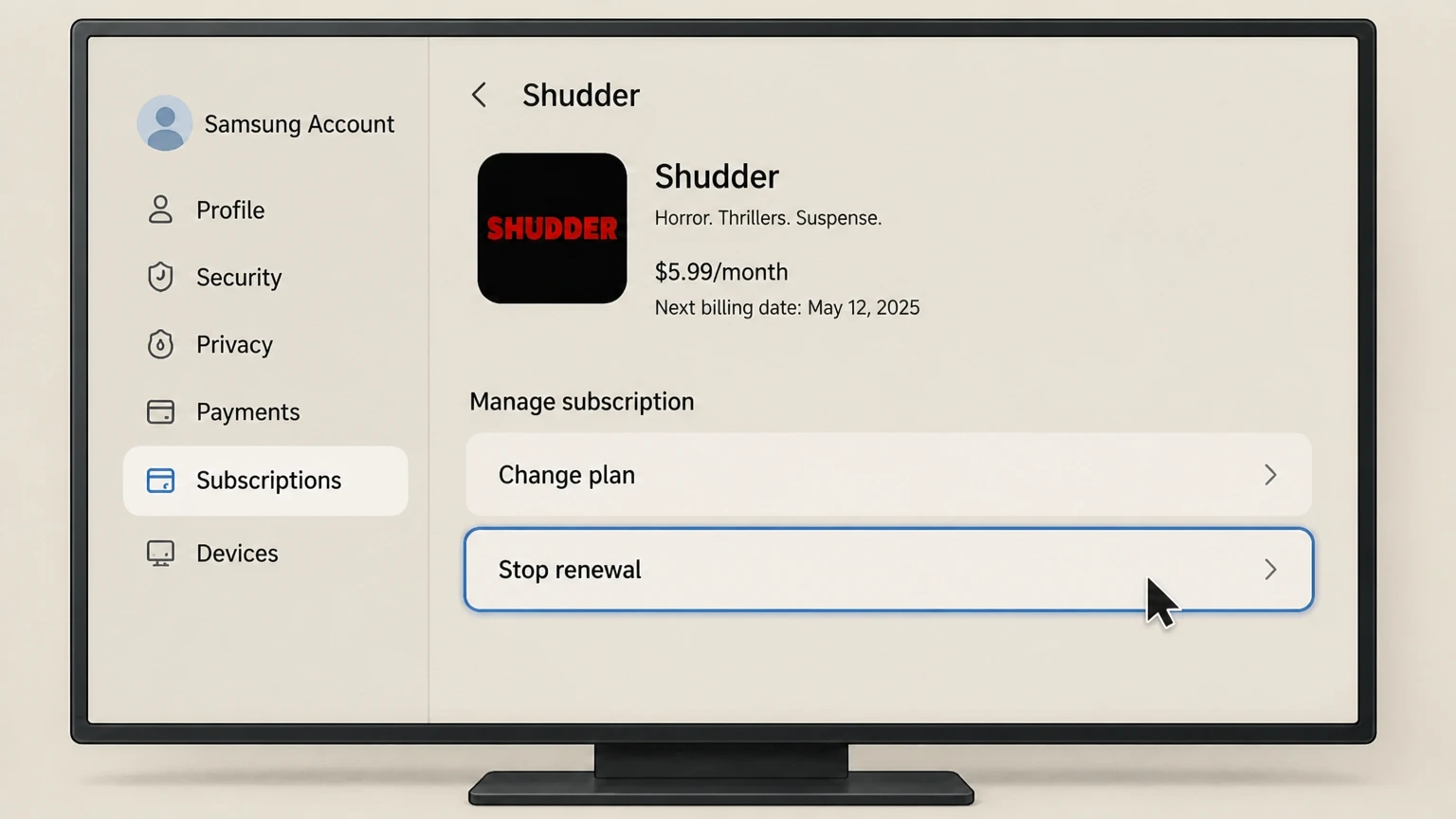 Shudder samsung-tv cancellation: Stop renewal