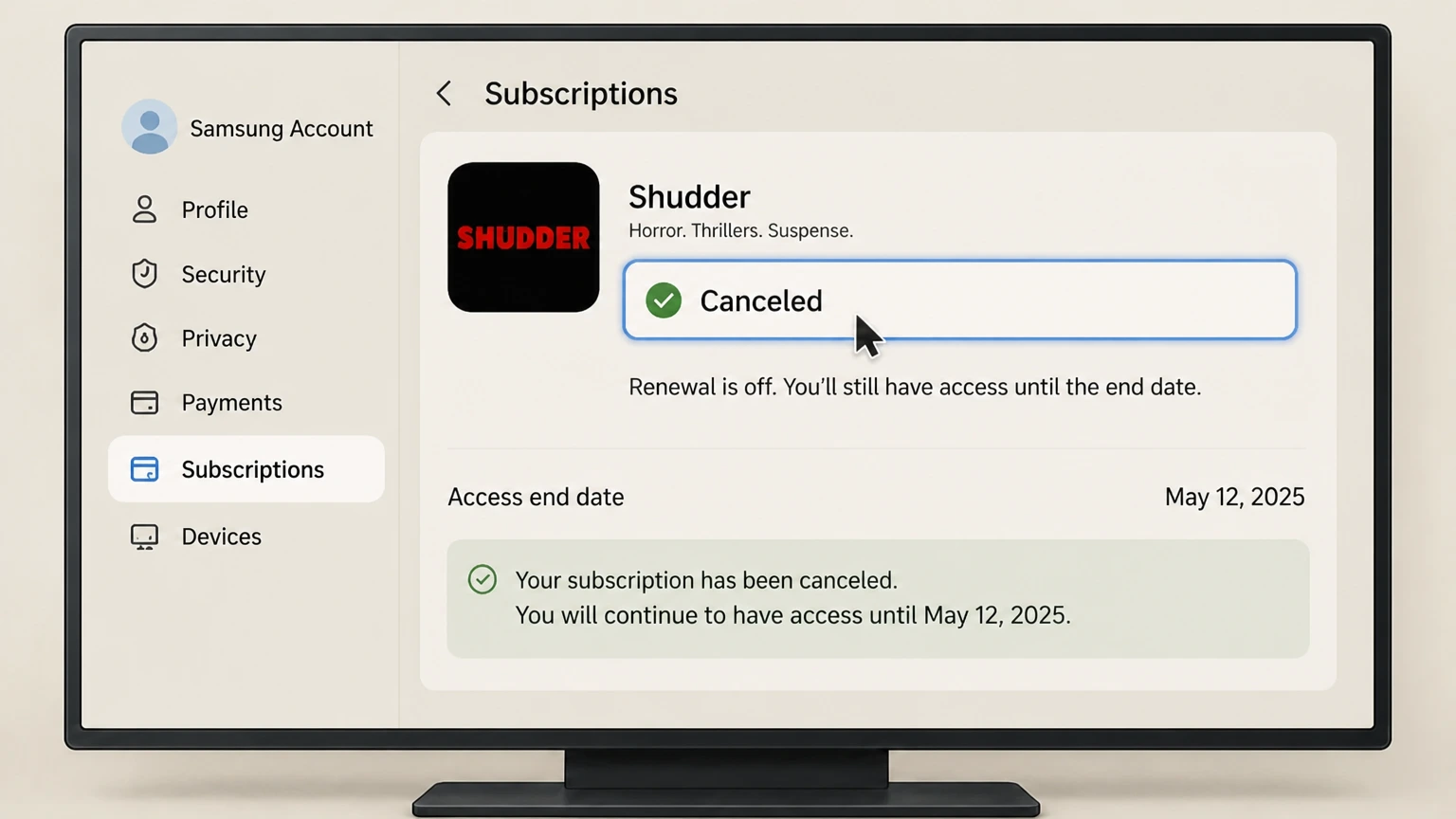 Shudder samsung-tv cancellation: Keep proof