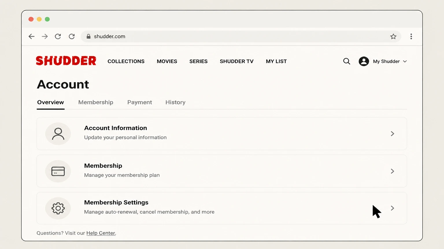Shudder web cancellation: Open Membership Settings