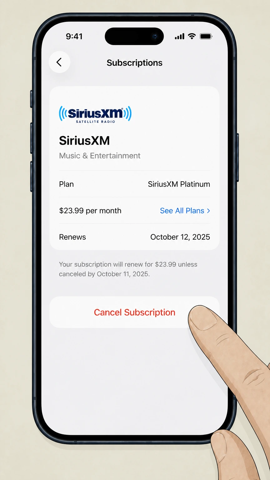 SiriusXM app-store cancellation: Tap Cancel Subscription