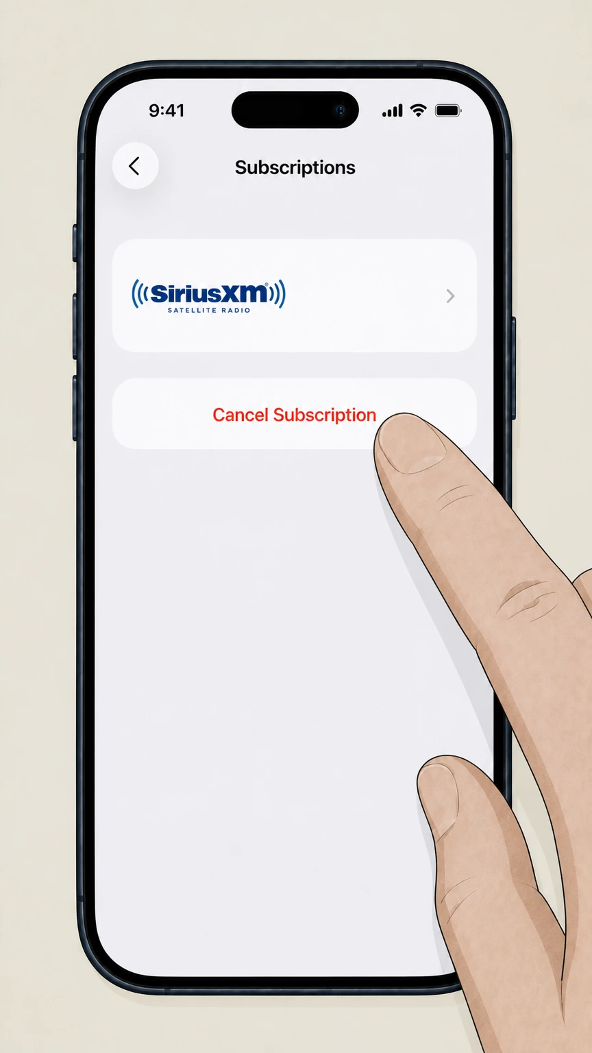 SiriusXM cancel an app store subscription: Tap Cancel Subscription