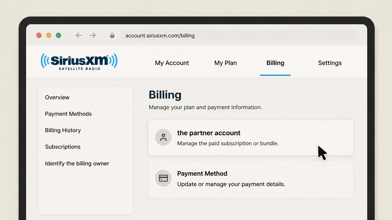 SiriusXM billing-partner cancellation: Open the partner account