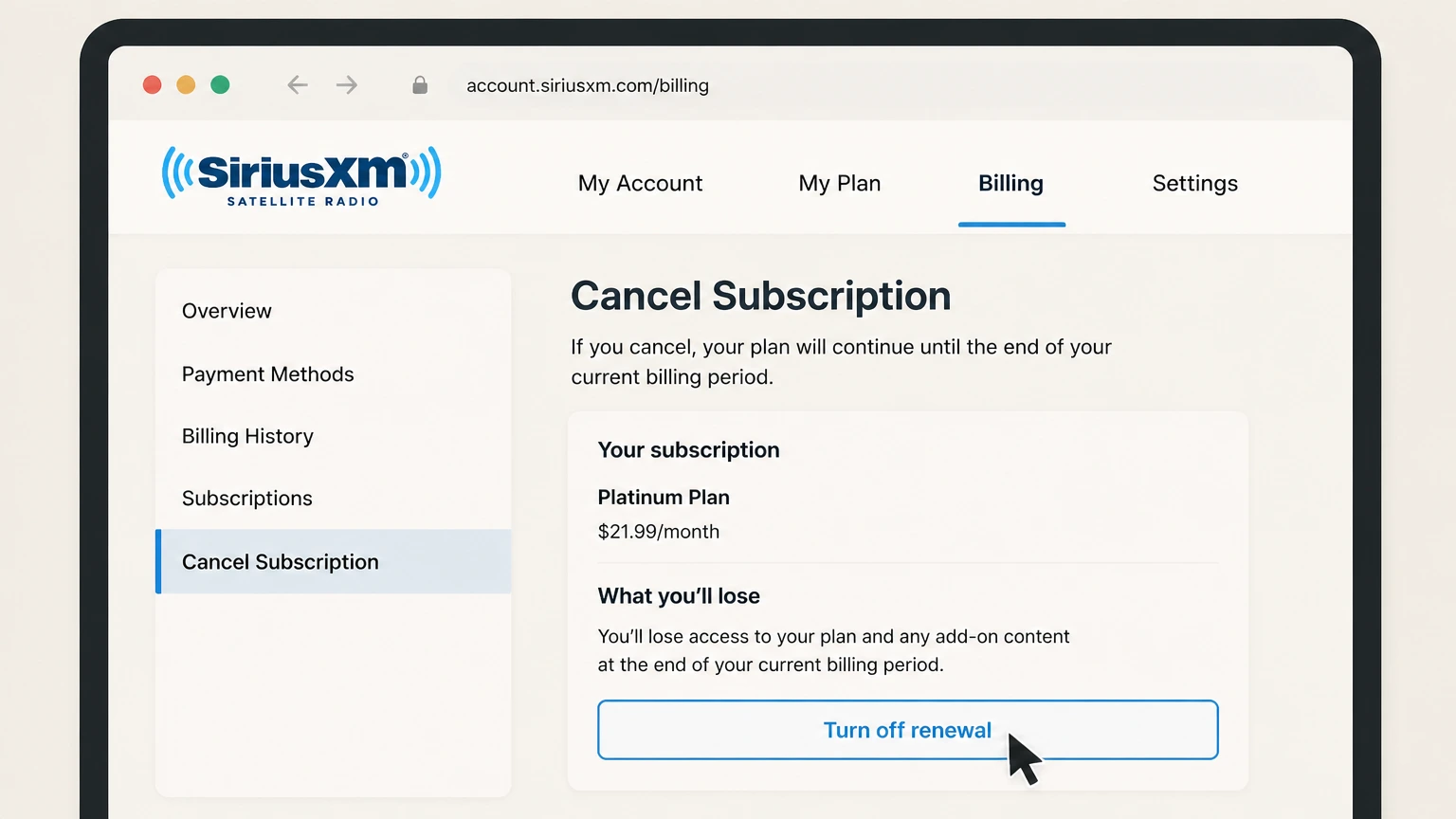 SiriusXM billing-partner cancellation: Turn off renewal