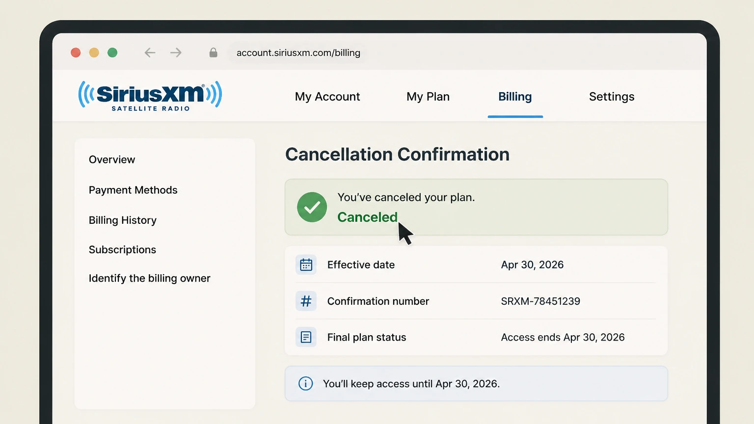SiriusXM billing-partner cancellation: Keep partner confirmation