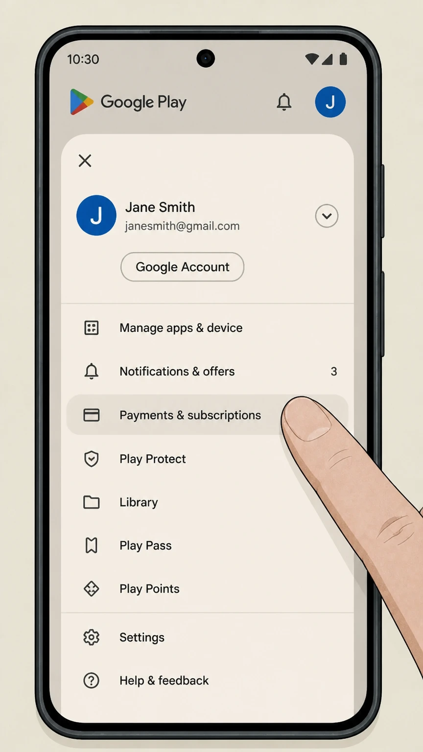 SiriusXM google-play cancellation: Open Payments & subscriptions