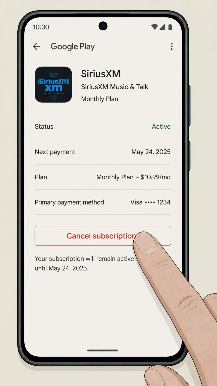 SiriusXM google-play cancellation: Choose Cancel subscription