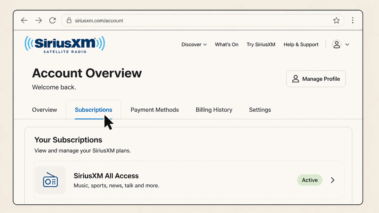 SiriusXM web cancellation: Open the Online Account Center