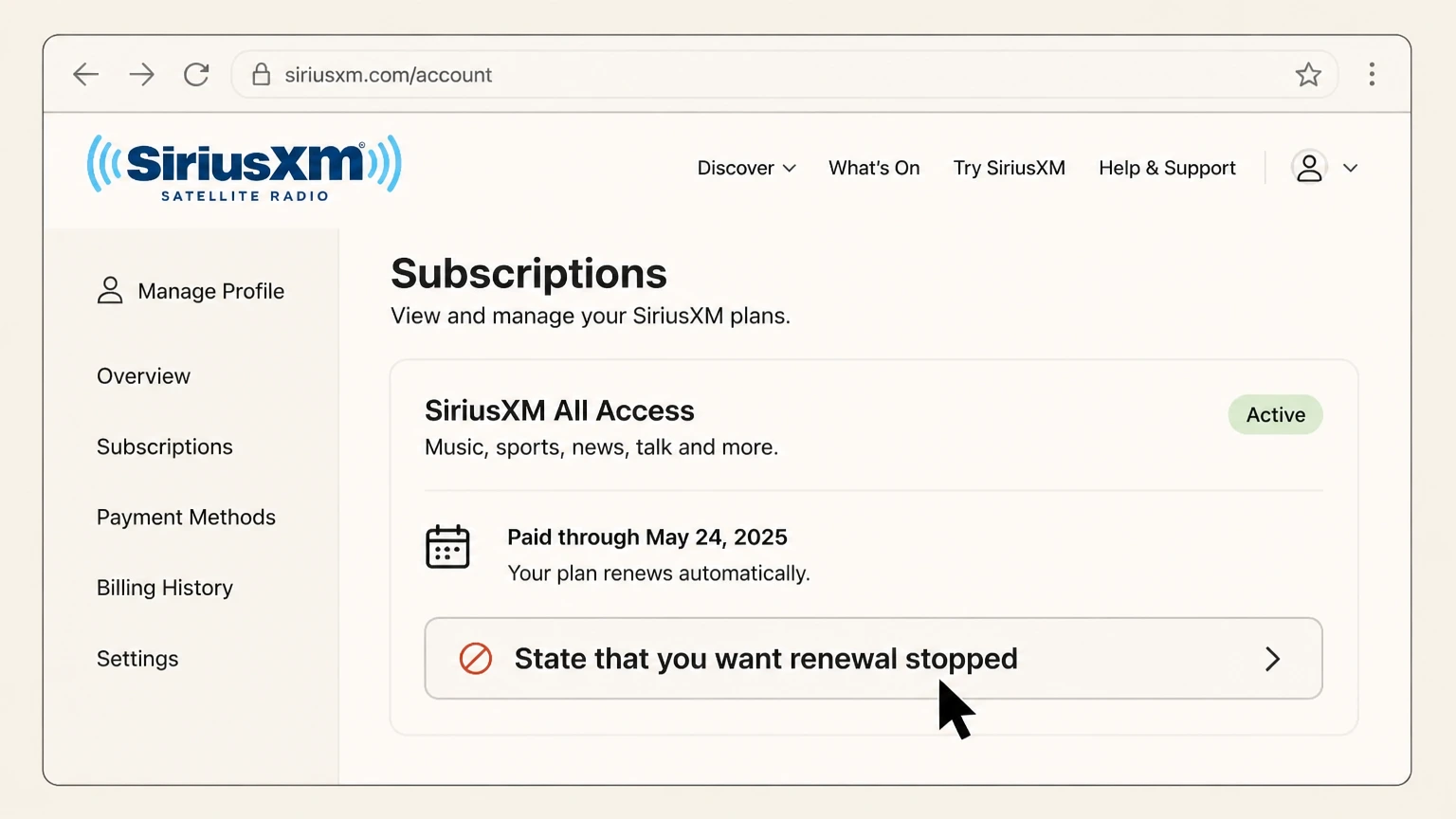 SiriusXM web cancellation: State that you want renewal stopped