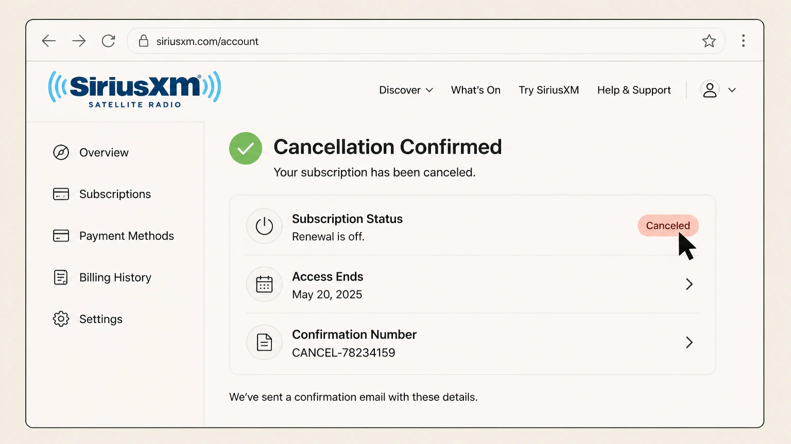SiriusXM web cancellation: Save the service confirmation