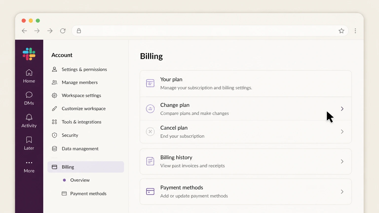 Slack web cancellation: Choose Change plan