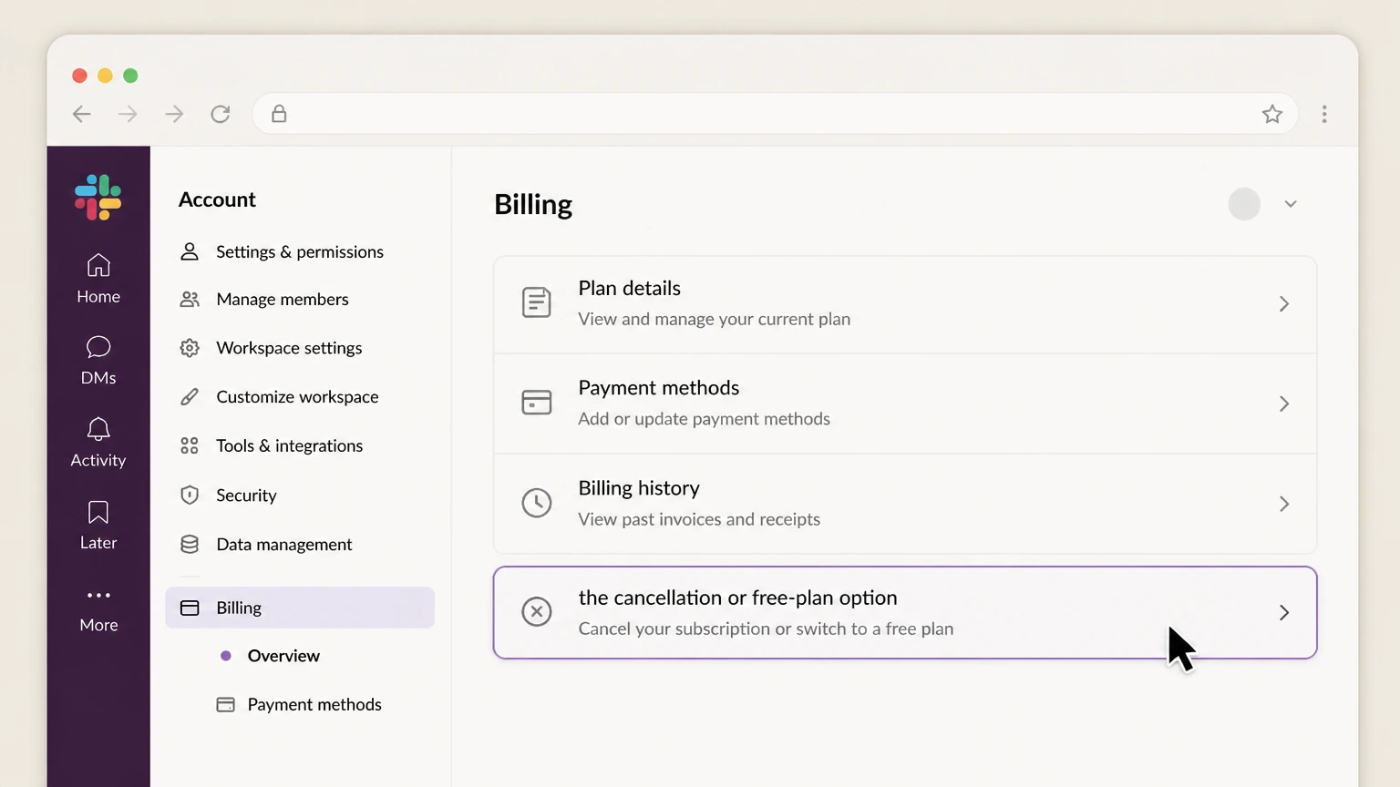 Slack web cancellation: Select the cancellation or free-plan option