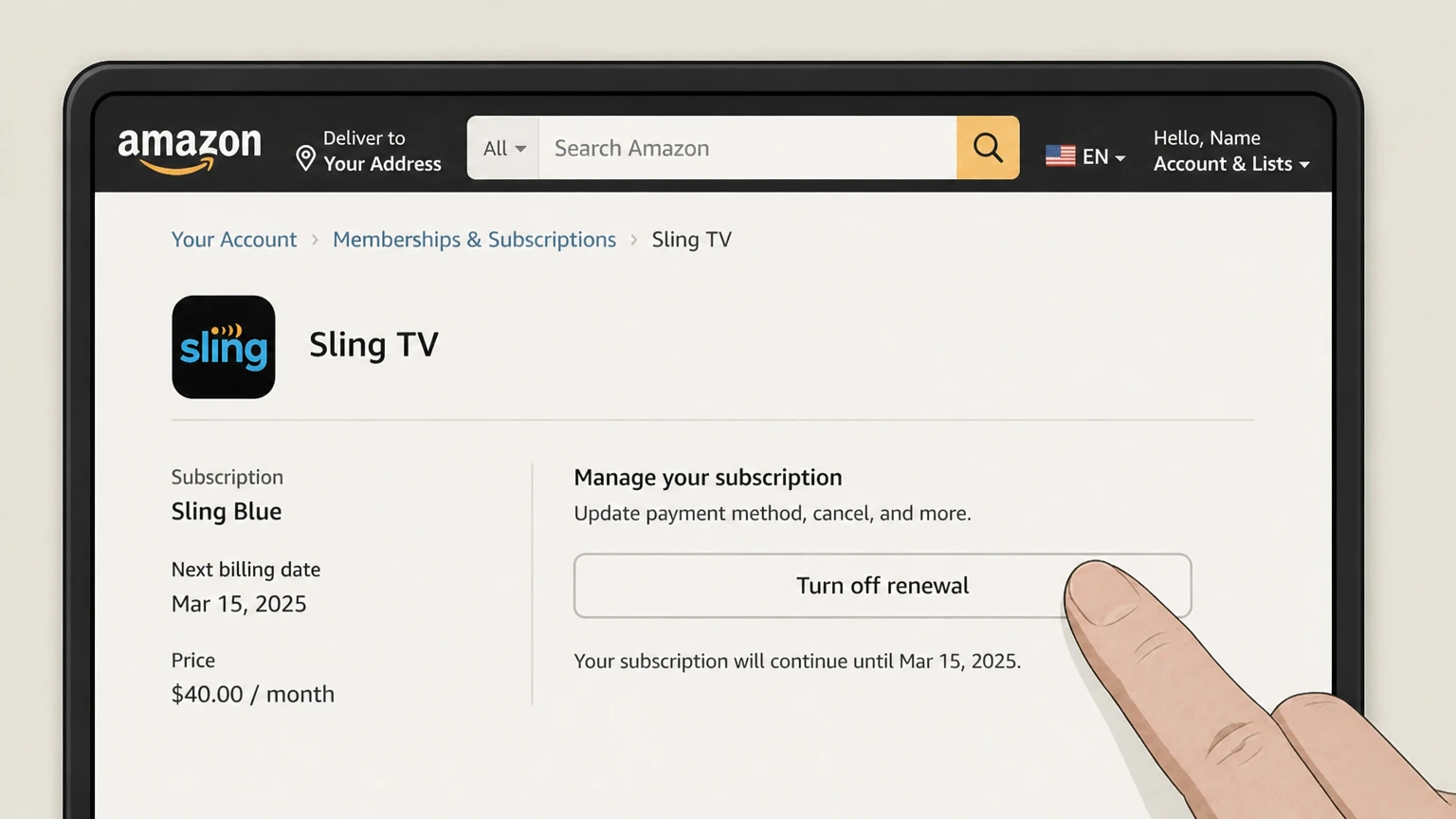 Sling TV amazon cancellation: Turn off renewal