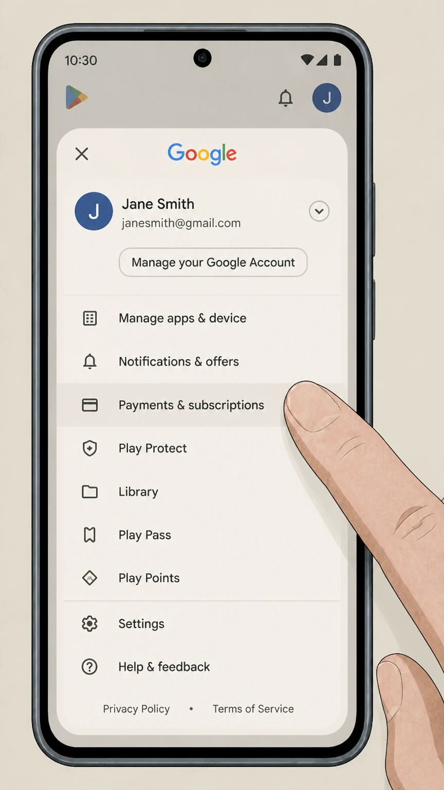 Sling TV google-play cancellation: Open Payments & subscriptions