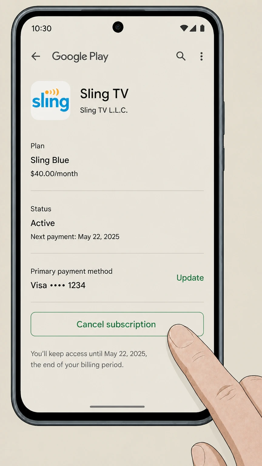 Sling TV google-play cancellation: Tap Cancel subscription