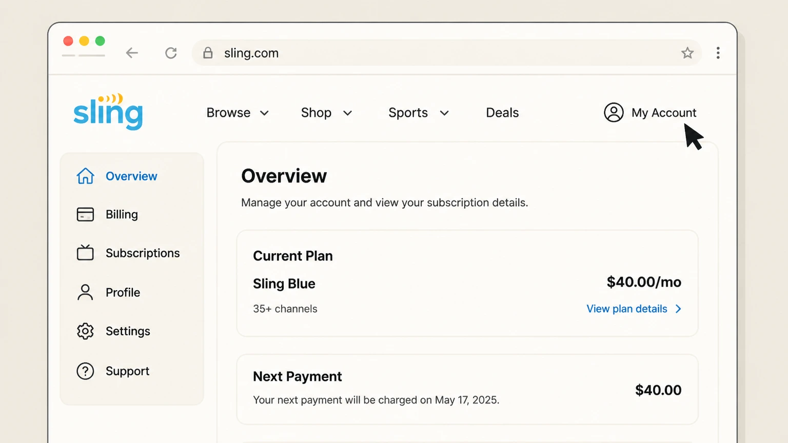 Sling TV web cancellation: Open My Account