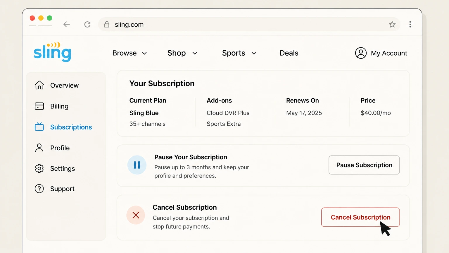 Sling TV web cancellation: Choose Cancel Subscription