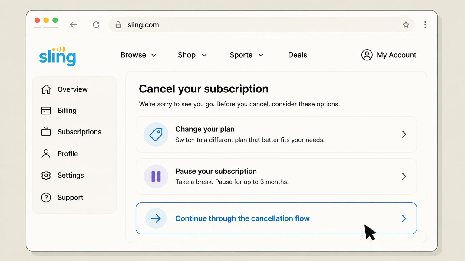 Sling TV web cancellation: Continue through the cancellation flow