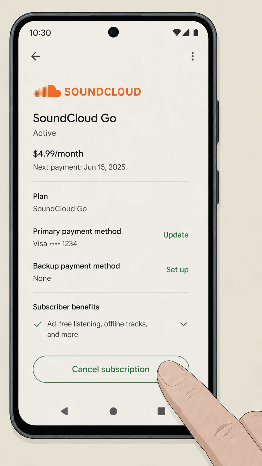 SoundCloud Go google-play cancellation: Tap Cancel subscription
