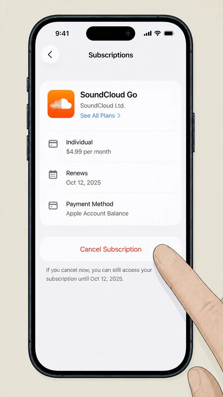 SoundCloud Go ios cancellation: Tap Cancel Subscription