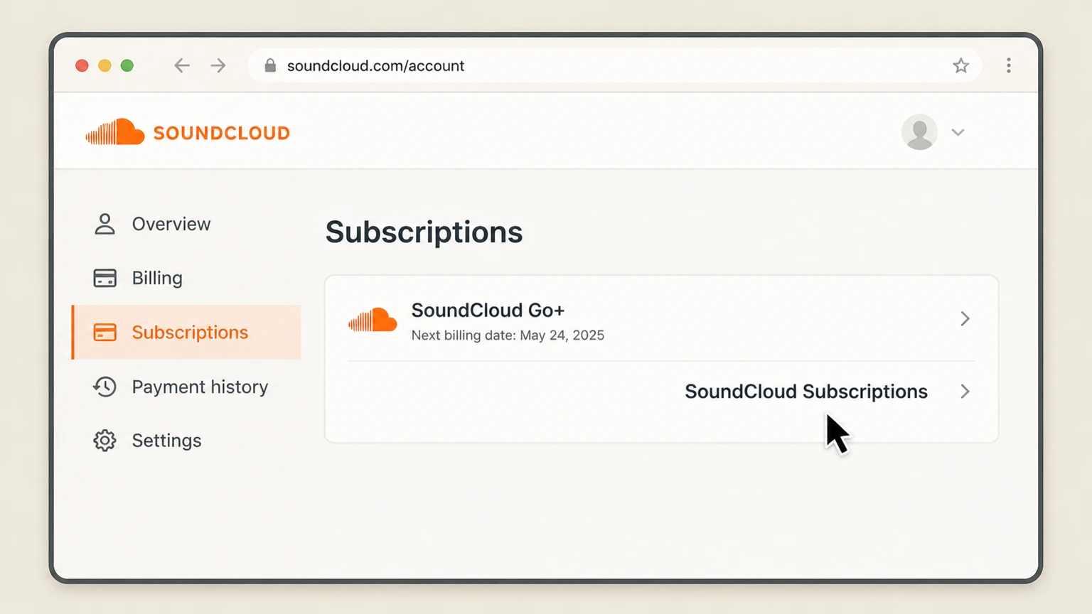 SoundCloud Go web cancellation: Open SoundCloud Subscriptions