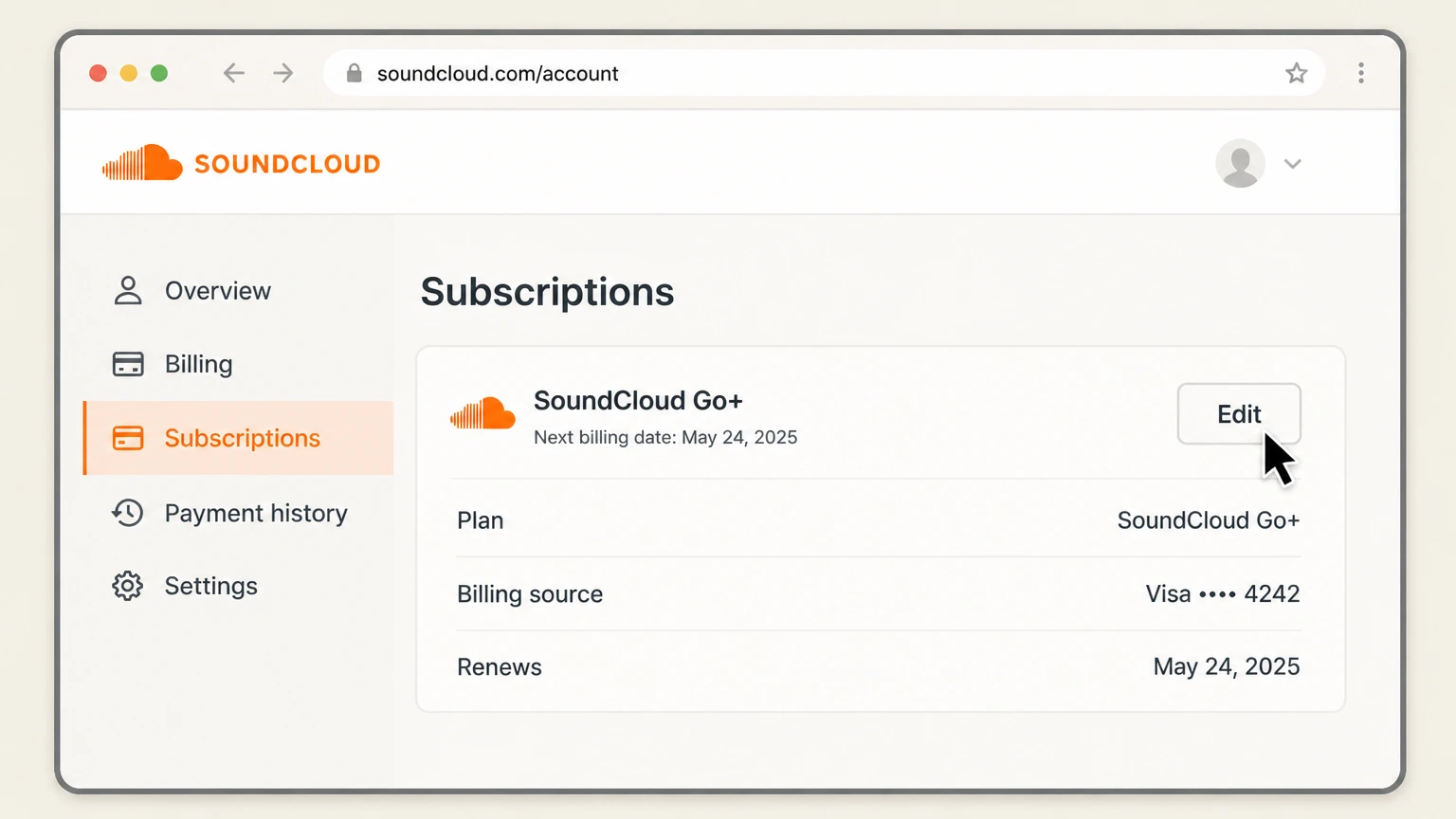 SoundCloud Go web cancellation: Open Edit