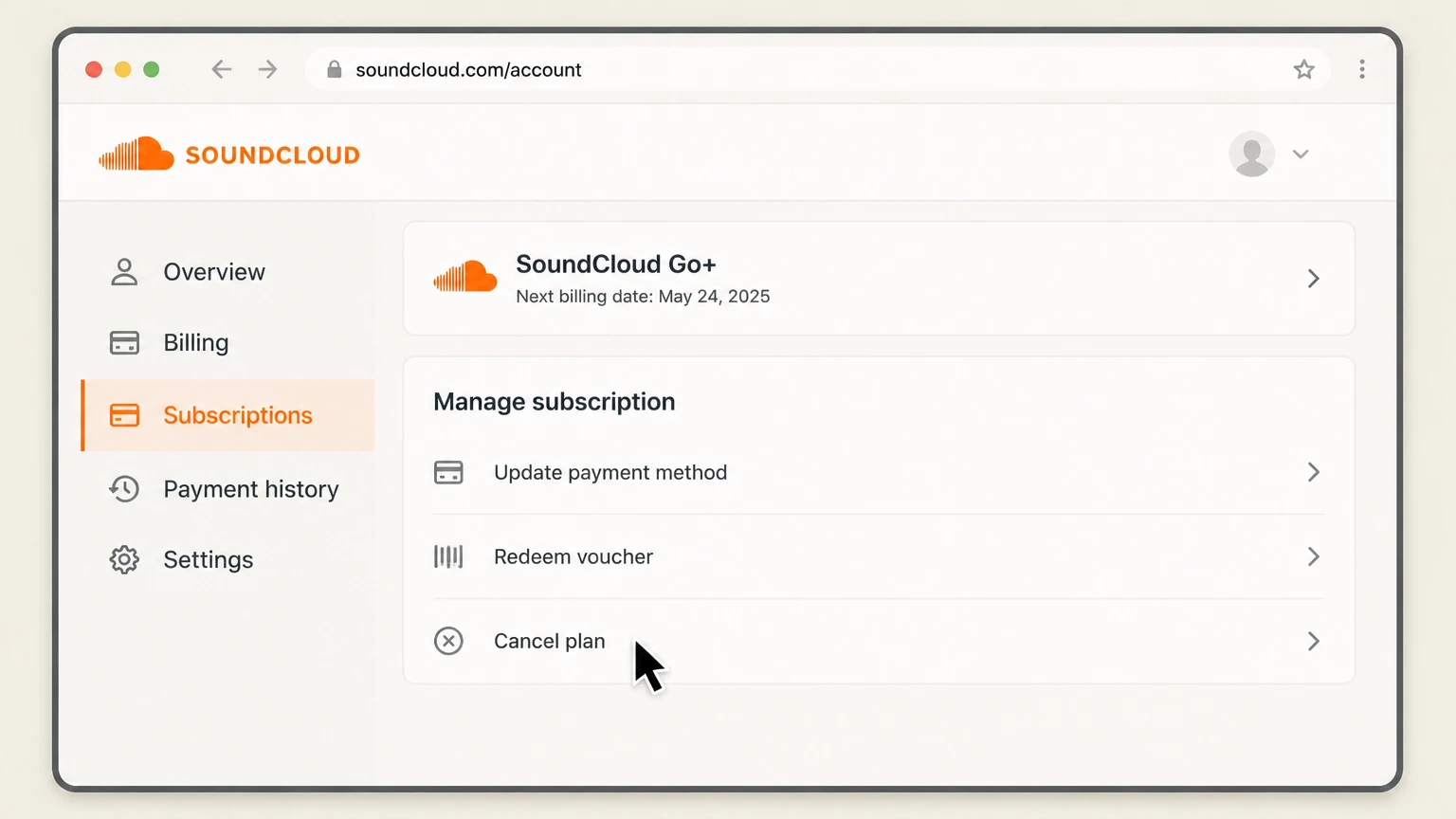 SoundCloud Go web cancellation: Choose Cancel plan