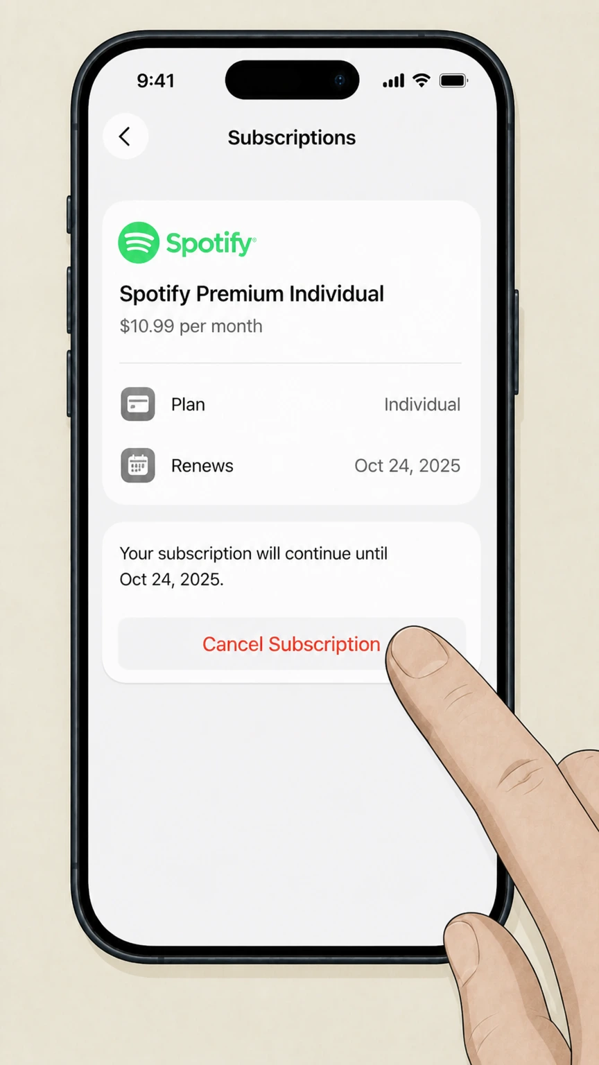 Spotify app-store cancellation: Tap Cancel Subscription