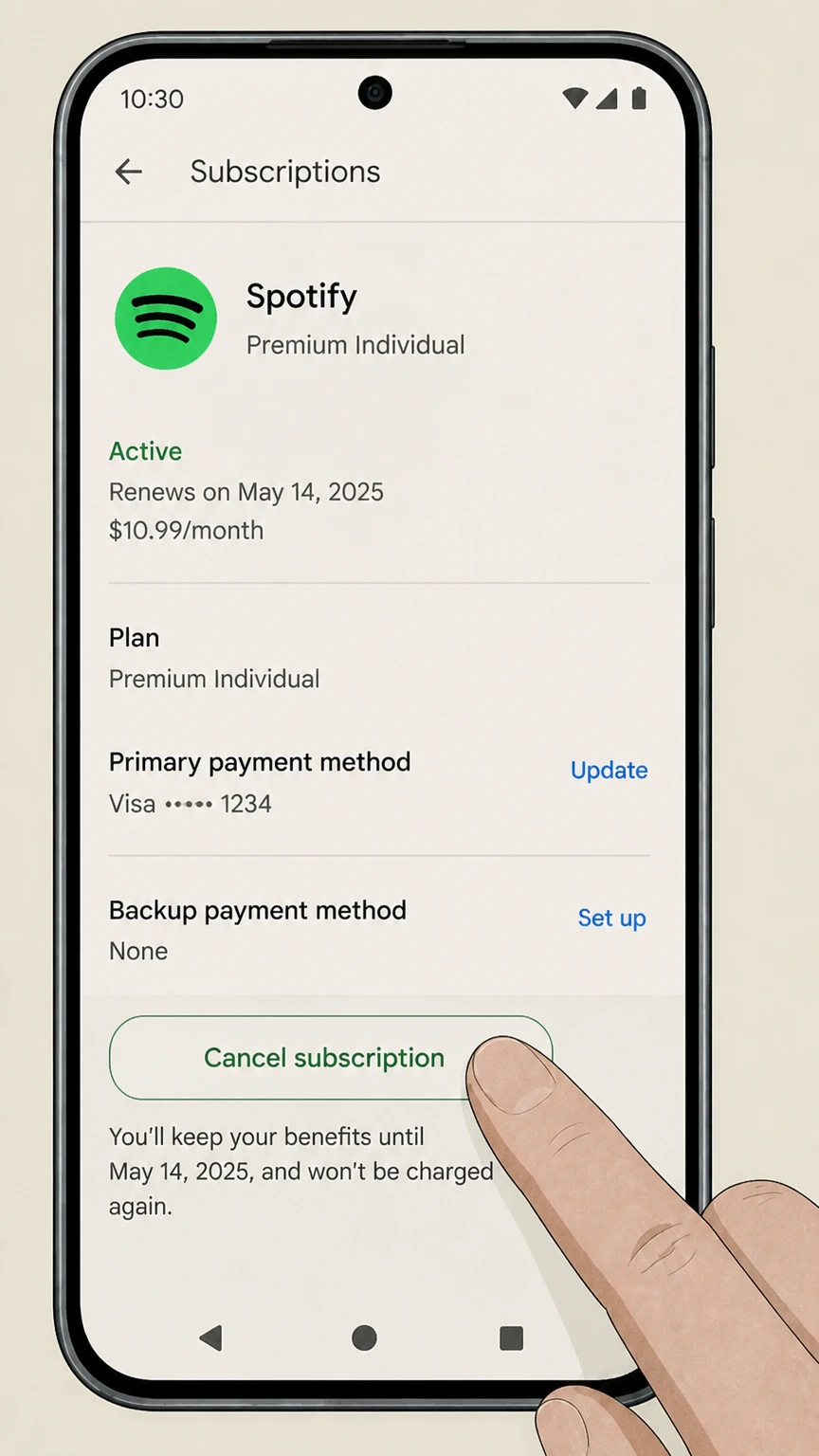 Spotify google-play cancellation: Choose Cancel subscription