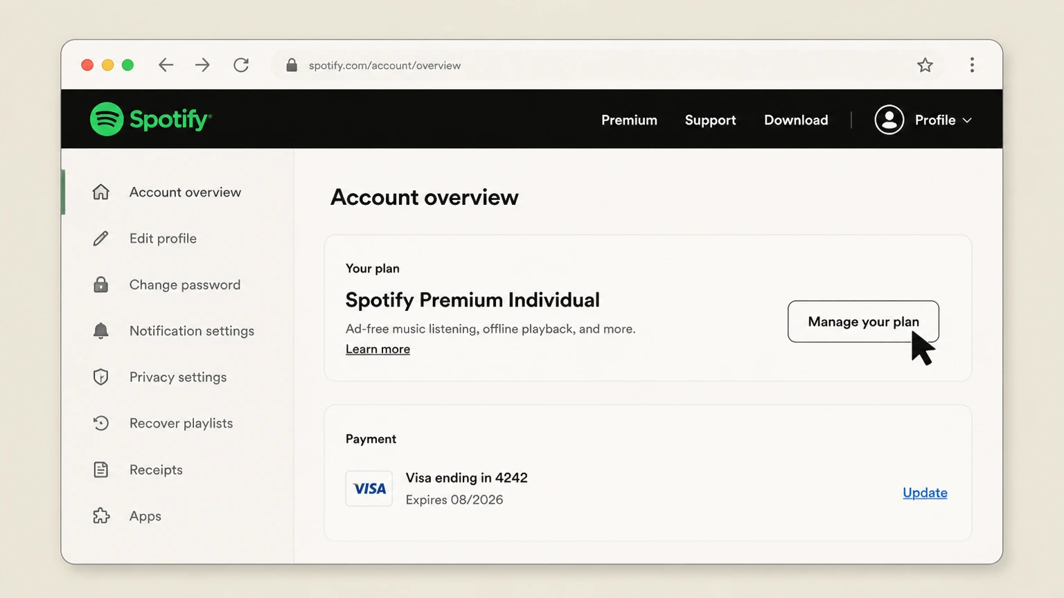 Spotify web cancellation: Open Manage your plan