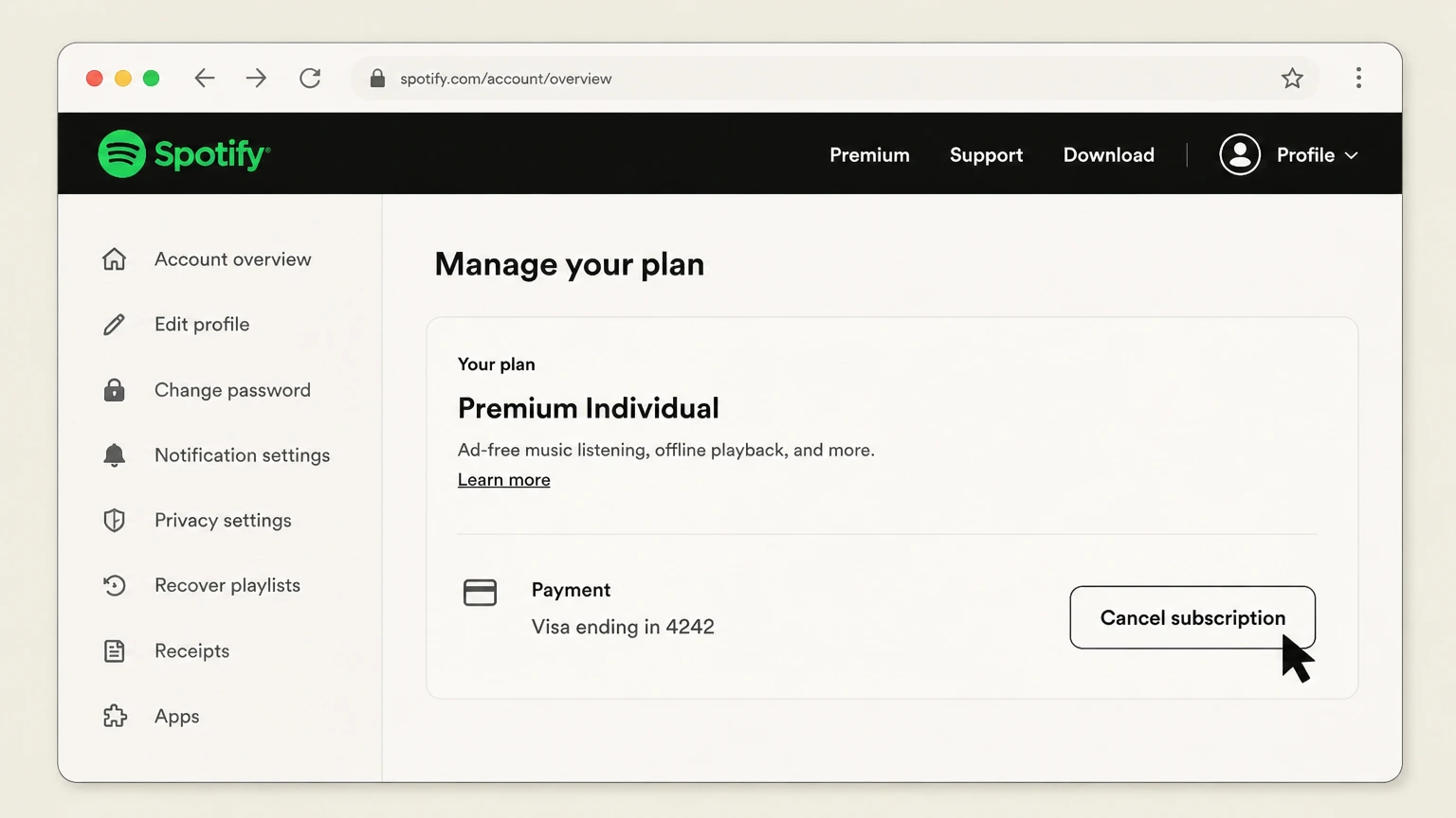 Spotify web cancellation: Select Cancel subscription