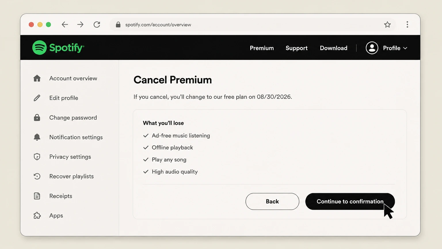Spotify web cancellation: Continue to confirmation