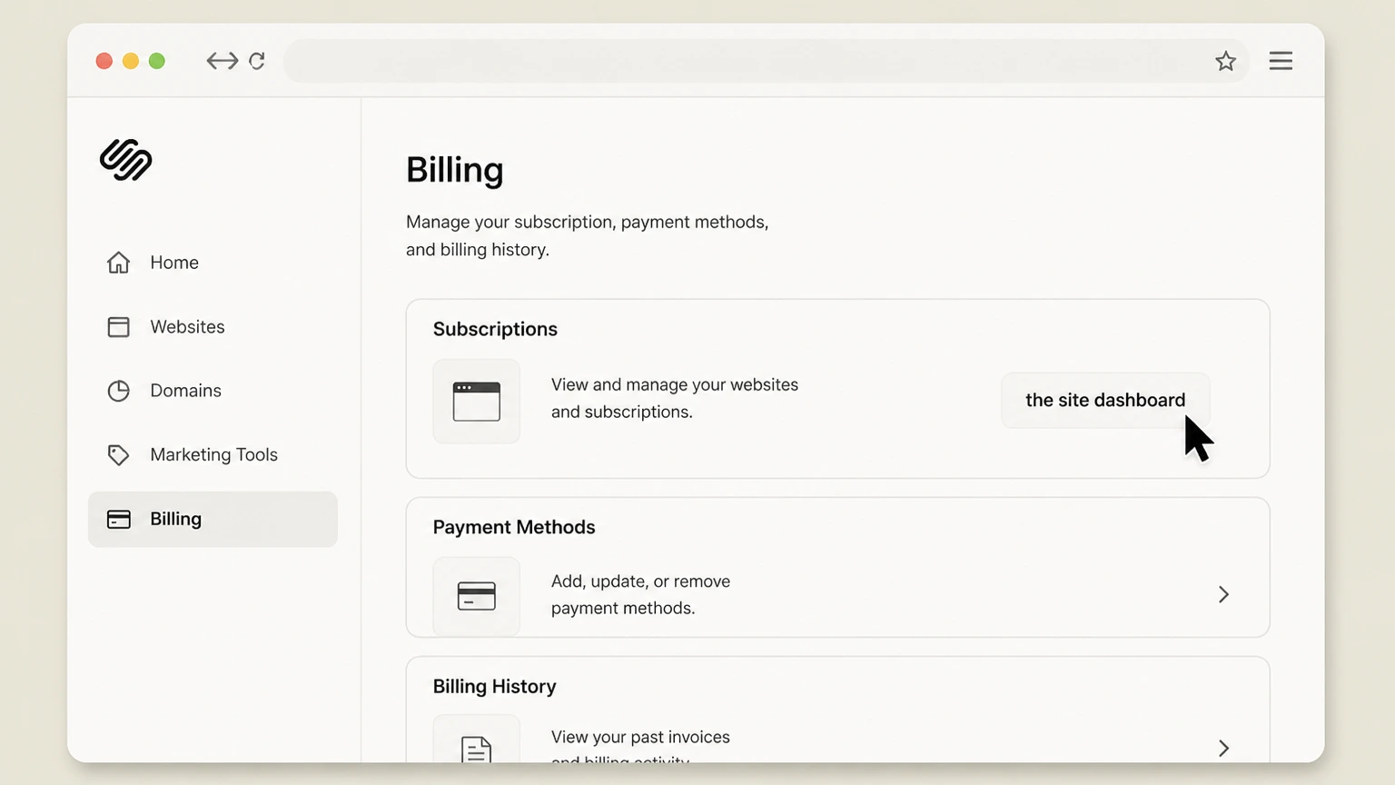 Squarespace web cancellation: Open the site dashboard