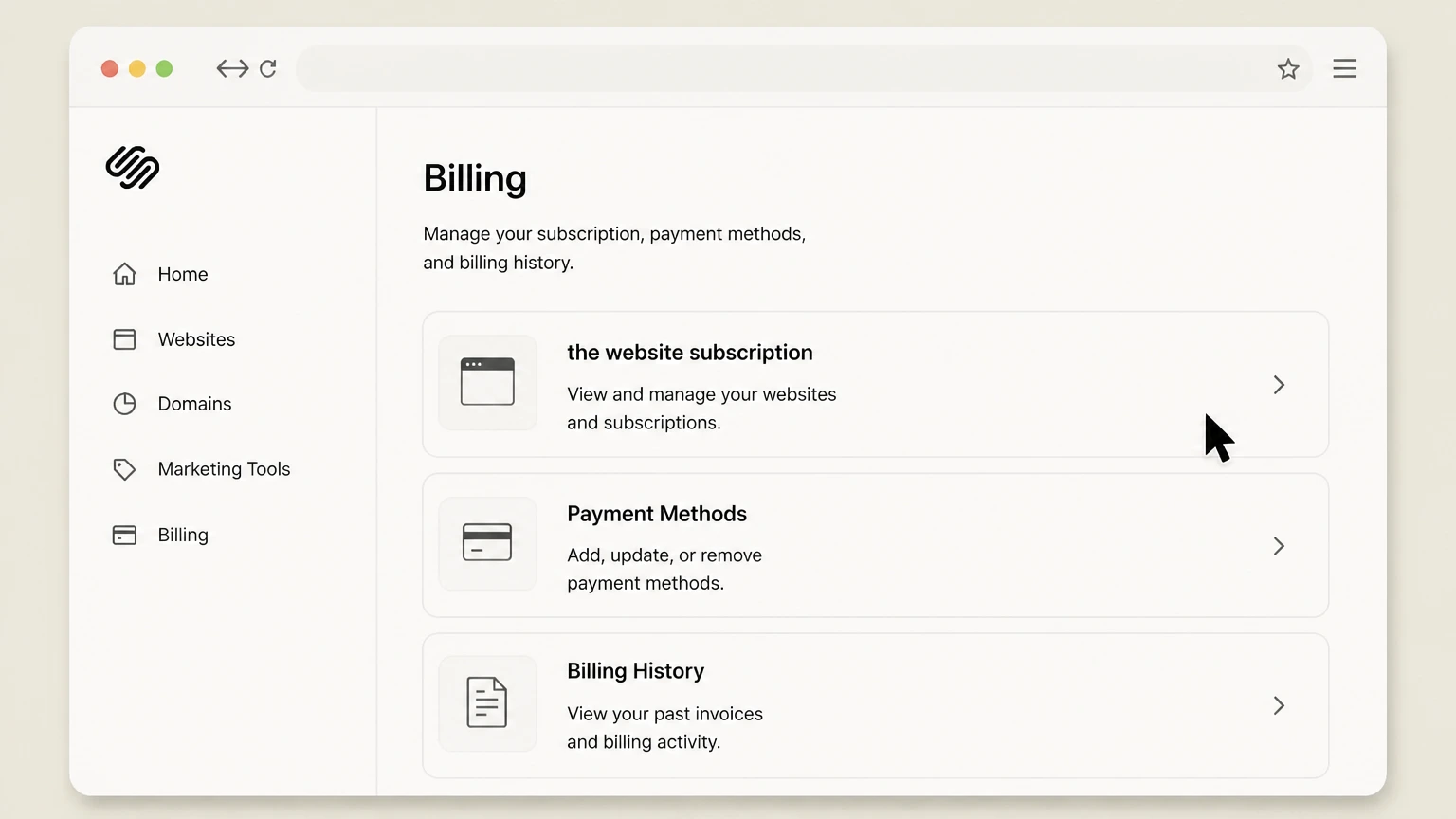 Squarespace web cancellation: Select the website subscription