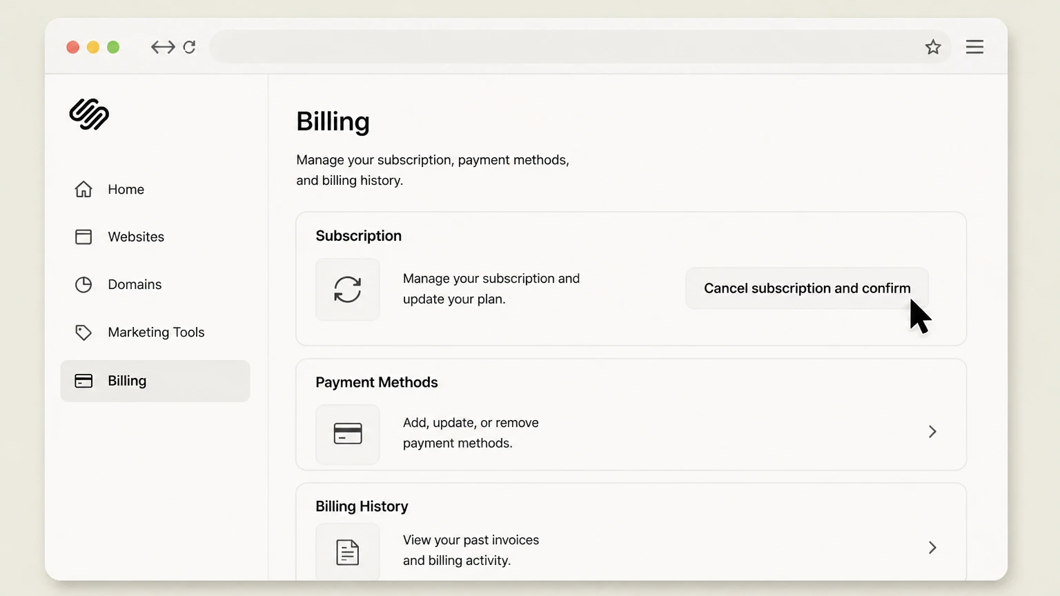 Squarespace web cancellation: Choose Cancel subscription and confirm