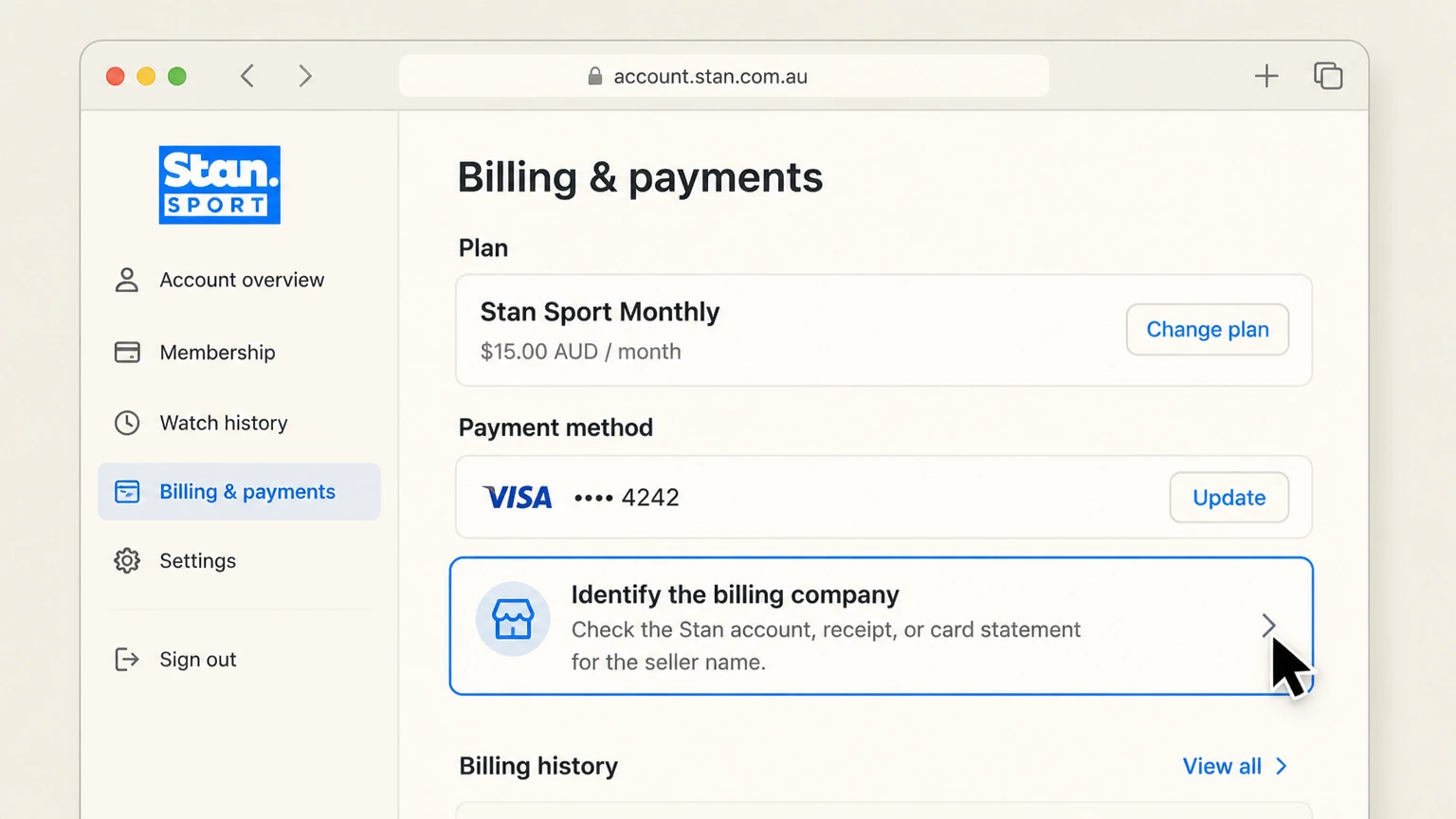 Stan billing-partner cancellation: Identify the billing company