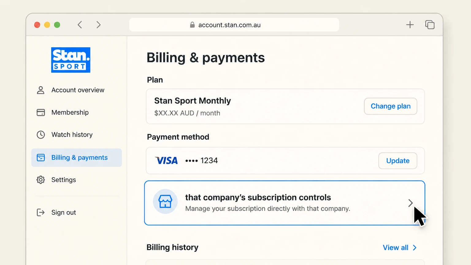 Stan billing-partner cancellation: Open that company’s subscription controls