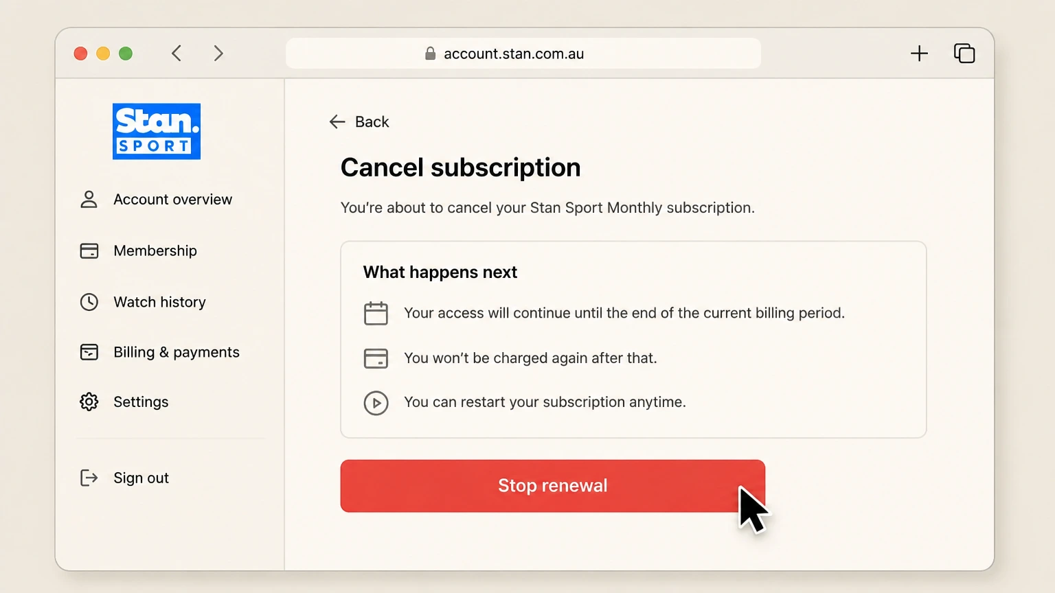 Stan billing-partner cancellation: Stop renewal