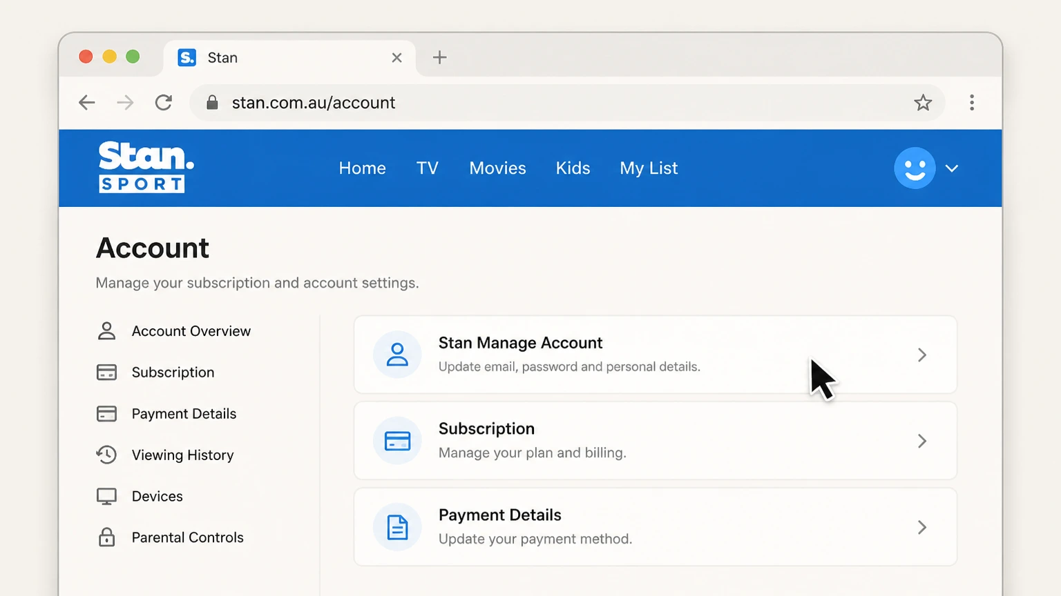 Stan web cancellation: Open Stan Manage Account
