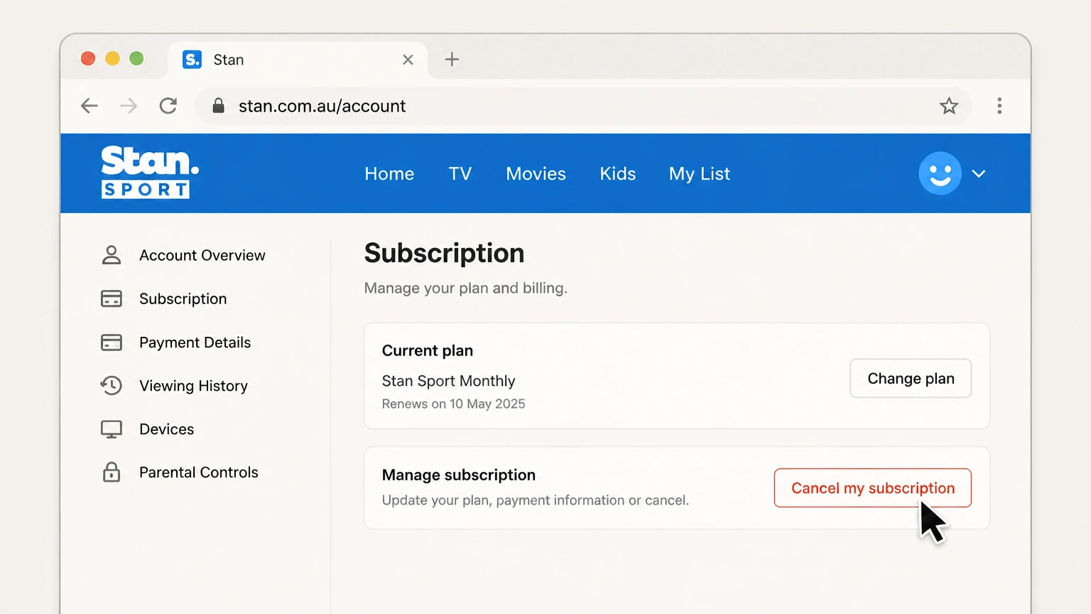 Stan web cancellation: Choose Cancel my subscription