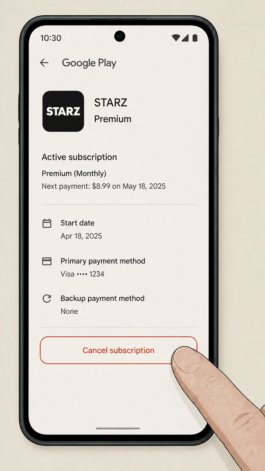 STARZ google-play cancellation: Tap Cancel subscription