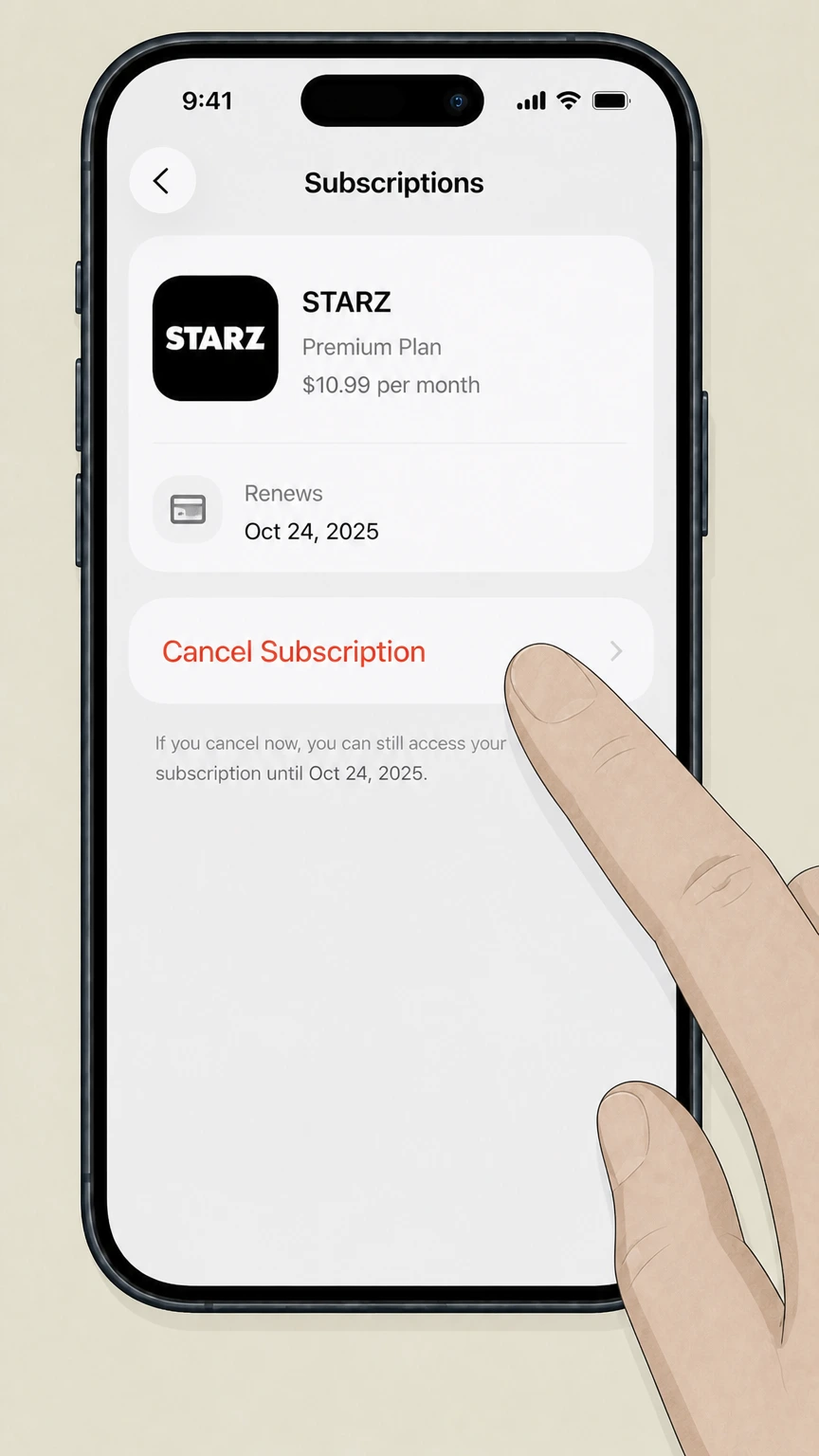 STARZ ios cancellation: Tap Cancel Subscription
