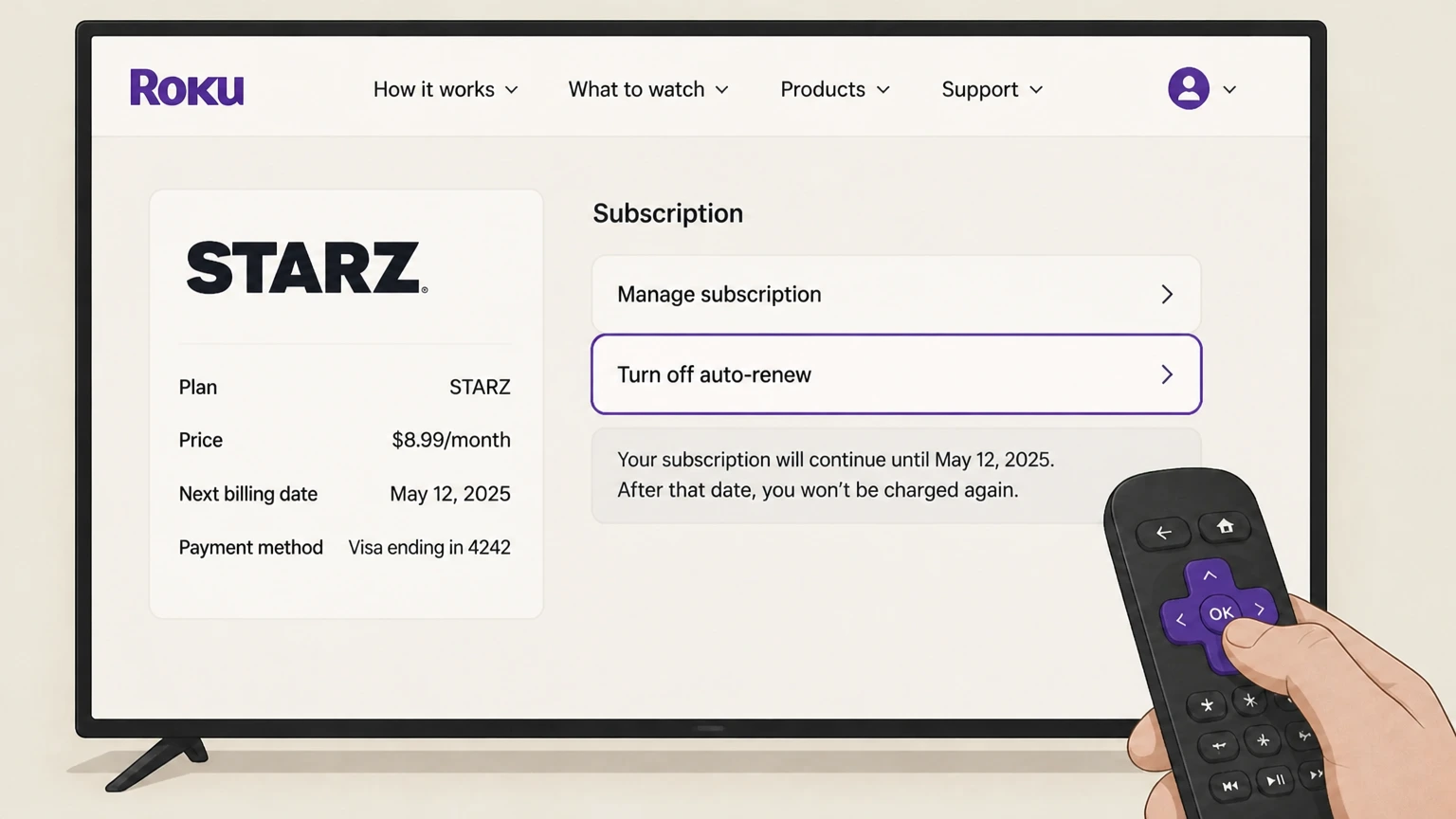 STARZ roku cancellation: Turn off auto-renew