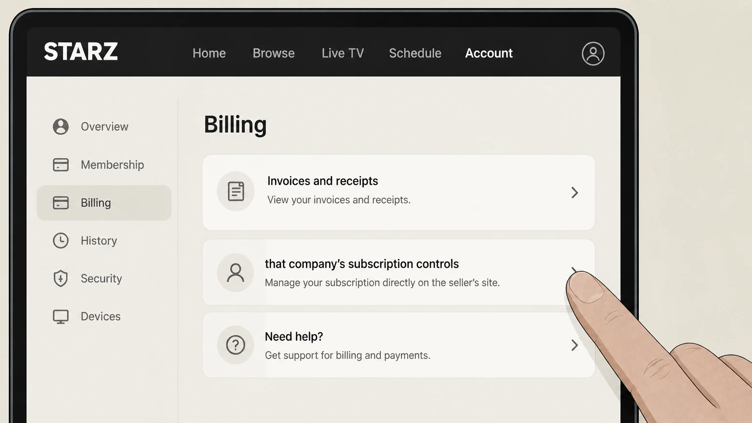 STARZ tv-provider cancellation: Open that company’s subscription controls