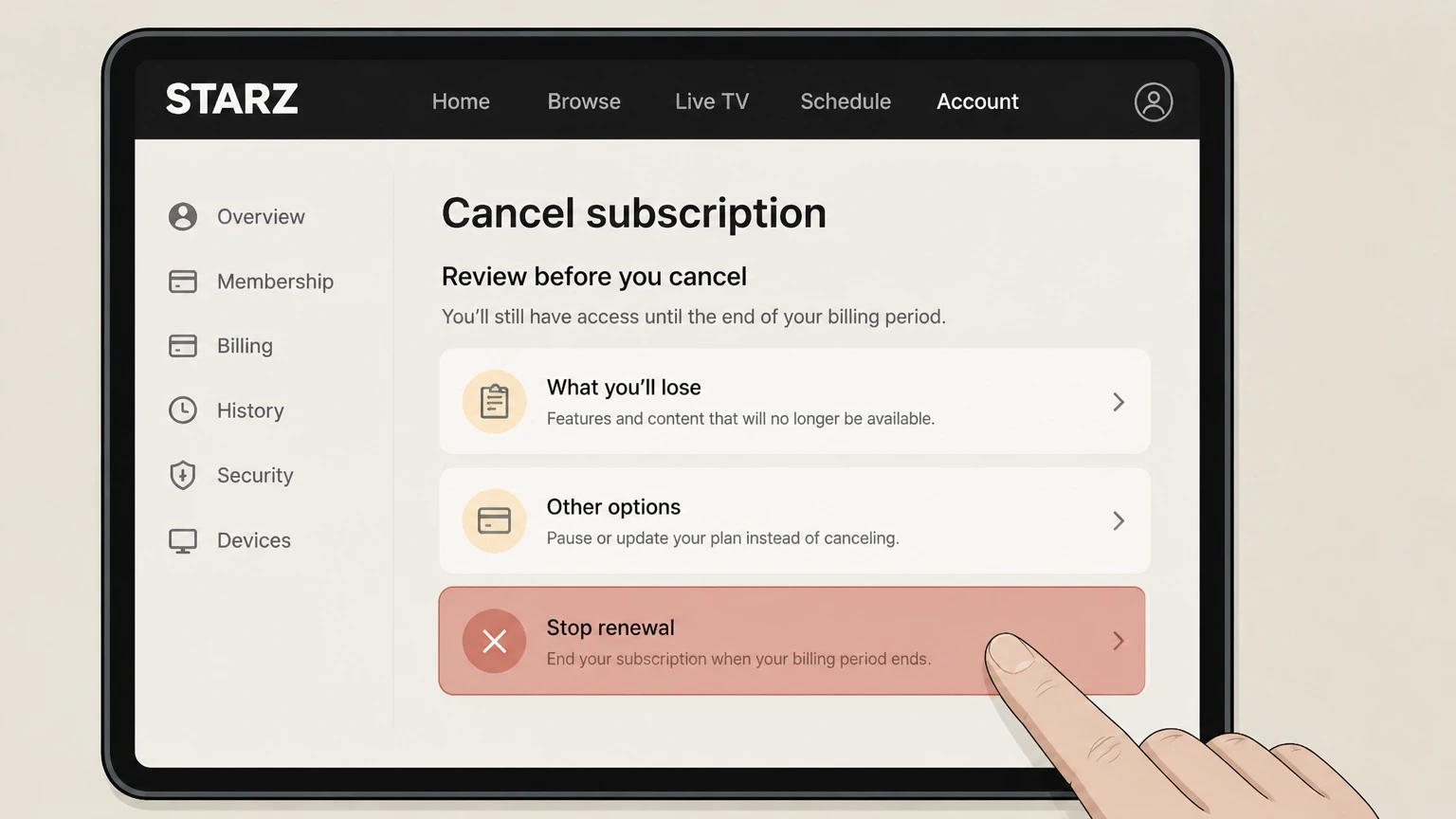 STARZ tv-provider cancellation: Stop renewal