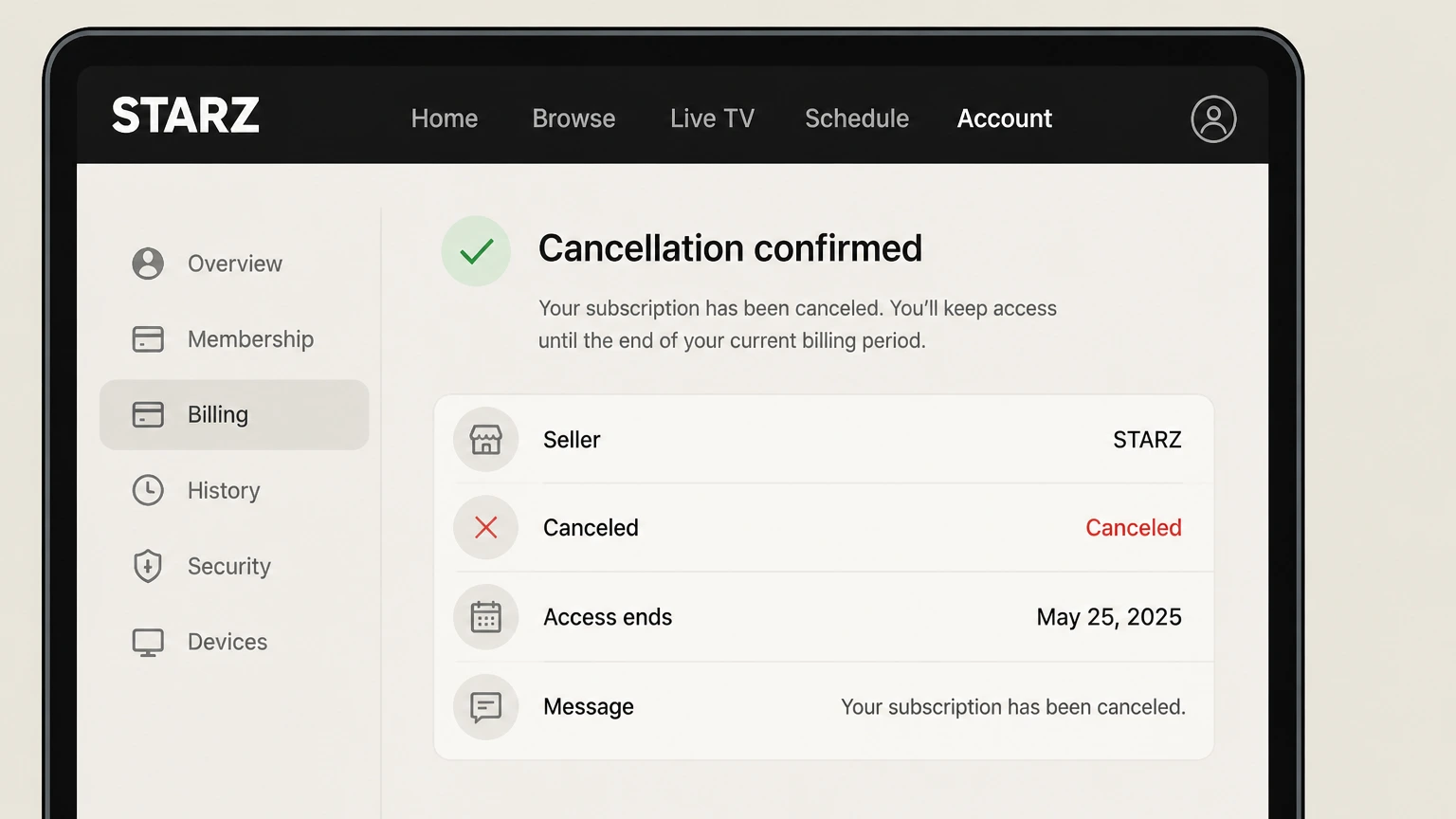 STARZ tv-provider cancellation: Keep proof