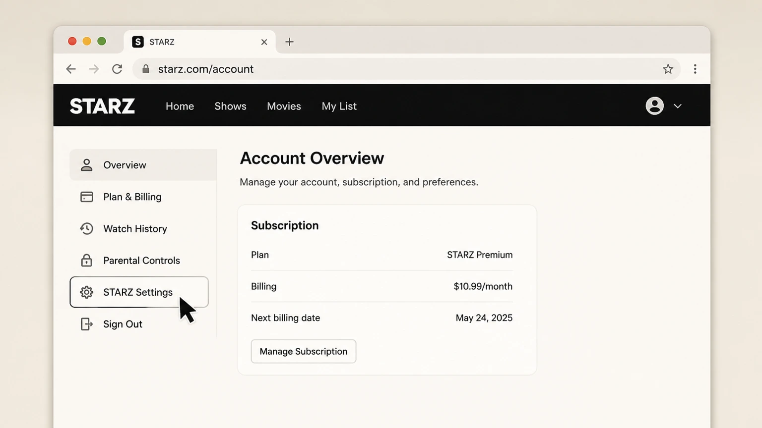 STARZ web cancellation: Open STARZ Settings