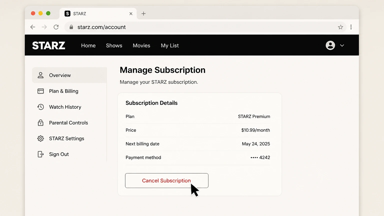 STARZ web cancellation: Select Cancel Subscription
