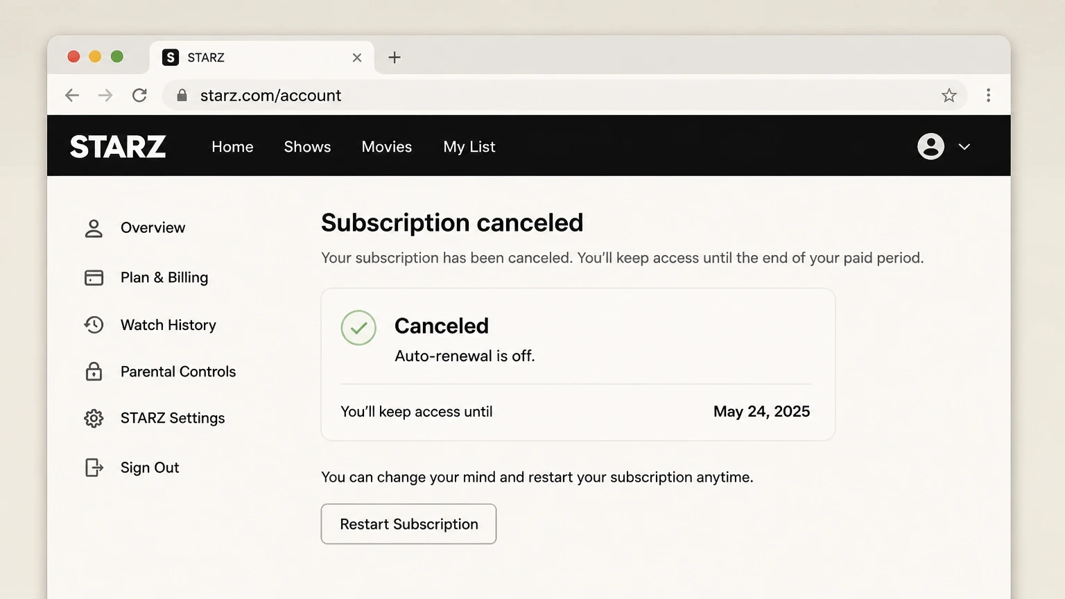STARZ web cancellation: Save the paid-period end date